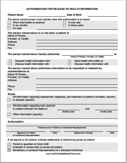 Health information release authorization form