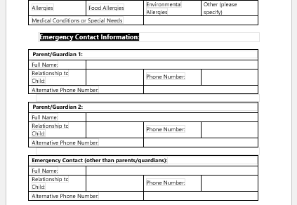 Child's Emergency Contact and Medical Information Form
