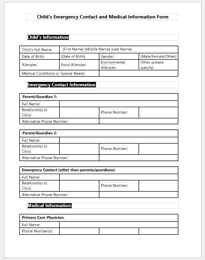 Child's Emergency Contact and Medical Information Form