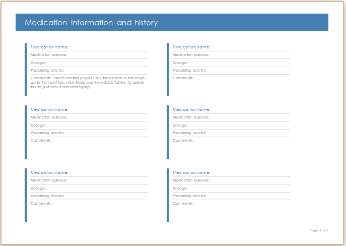 Medication information and history form