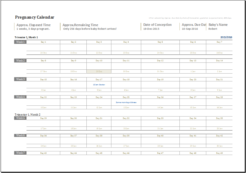 Pregnancy calendar template