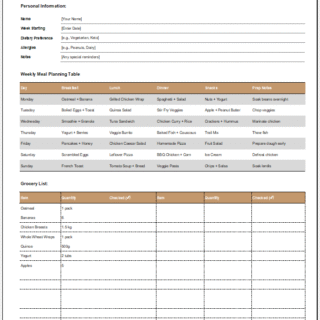 Weekly Meal Planner Template for Excel