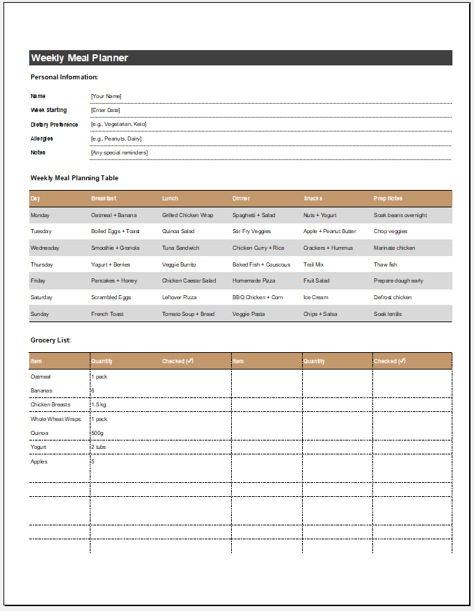 Weekly Meal Planner Template for Excel