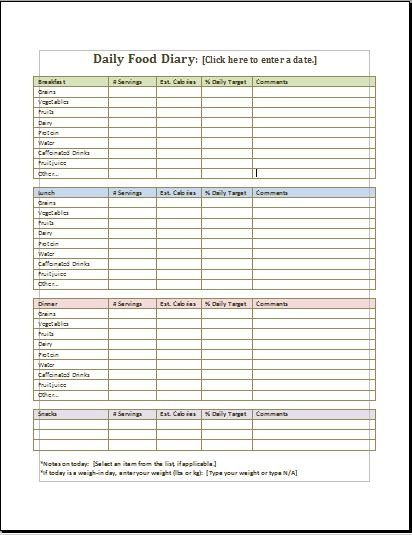 Daily Food Diary Chart Template