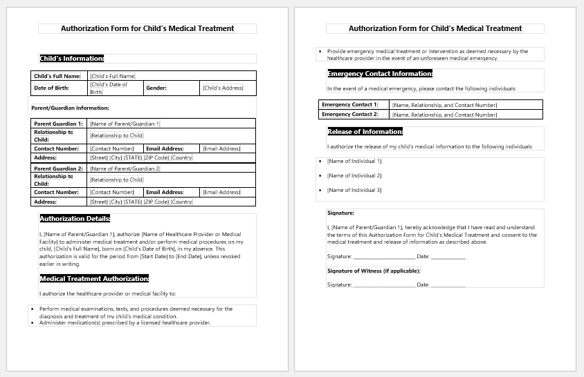 Authorization Form for Child's Medical Treatment
