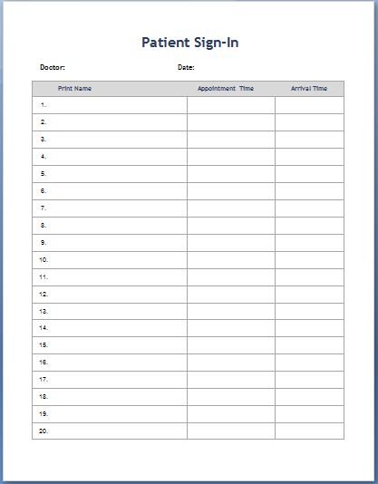 Patient Sign In Sheet Templates Printable Medical Forms Letters Sheets