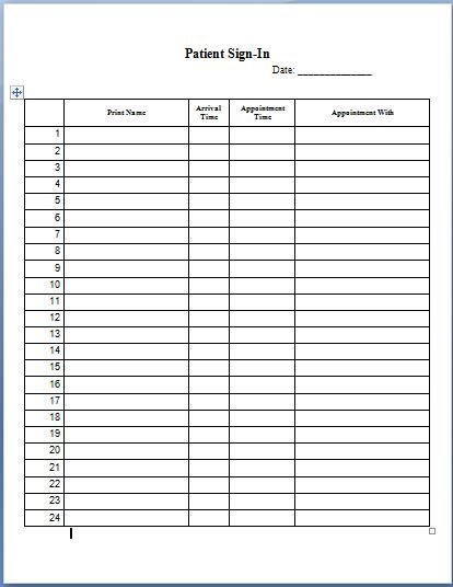 Patient sign in sheet template