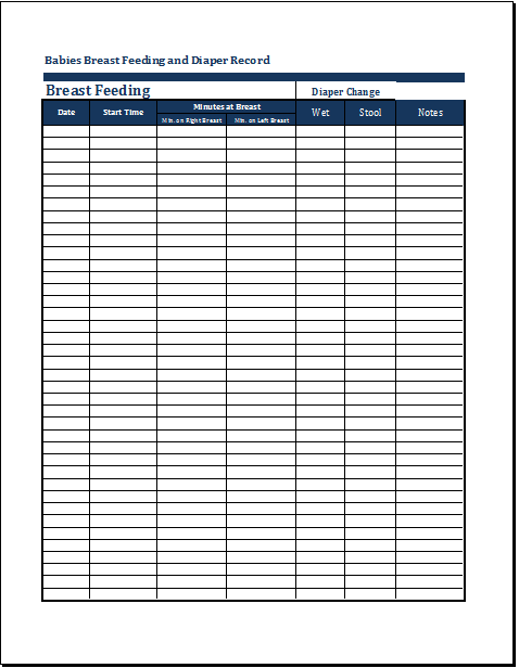 Baby breast feeding and diaper record template