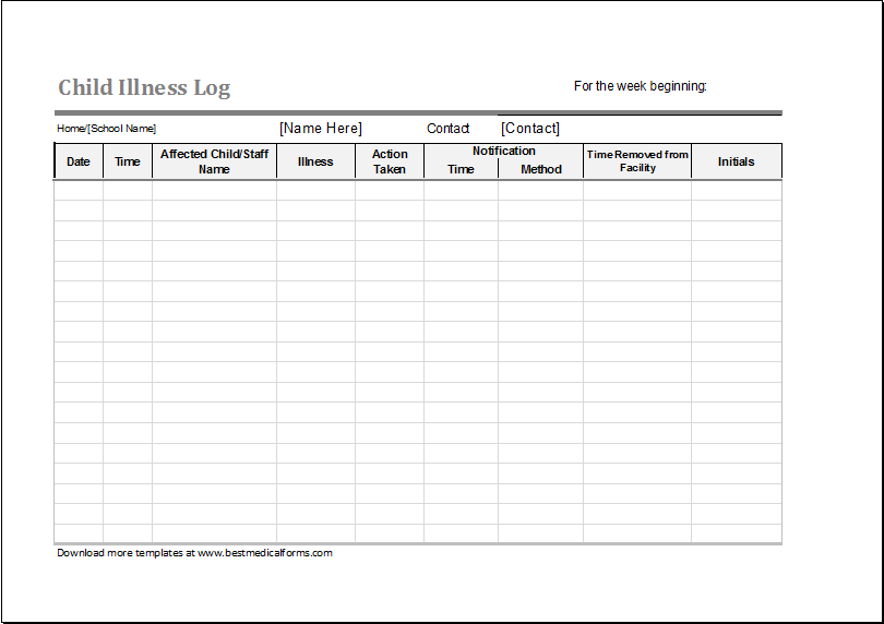 Child Illness Log MS Excel Customizable Template