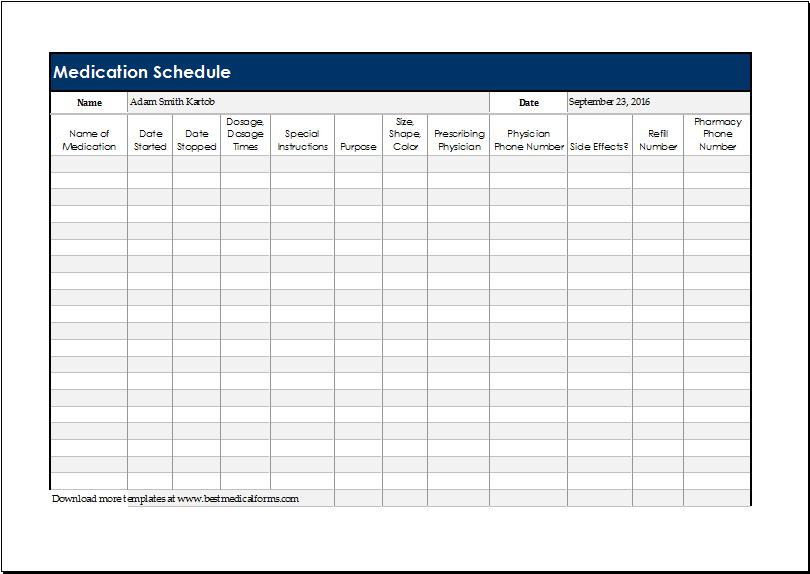 Medication Schedule Template Excel from www.bestmedicalforms.com