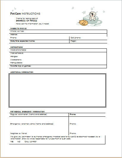 Printable Pet Sitting Template from www.bestmedicalforms.com