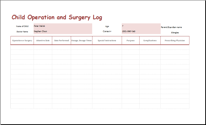 Child operation and surgery log