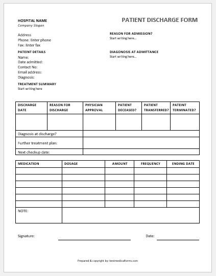 Patient discharge form