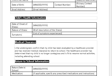 Authorization Form for Child's Return to School after Illness