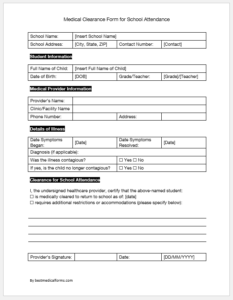 Medical Clearance Form for School Attendance
