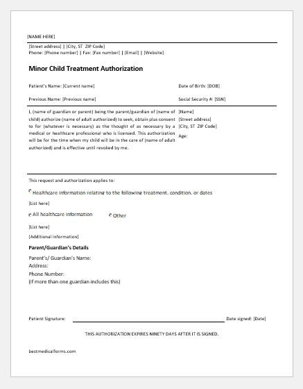 Minor Child Treatment Consent Form