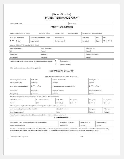 New patient entrance form