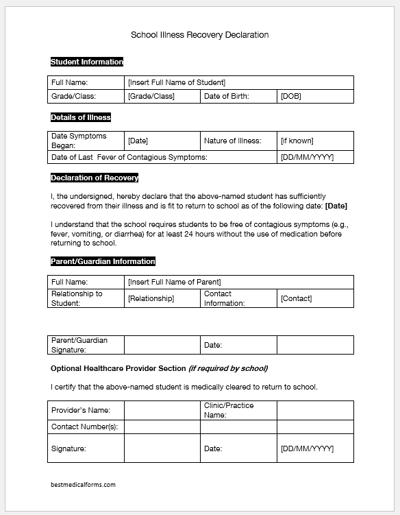 School Illness Recovery Declaration