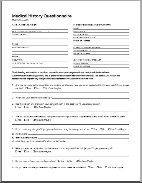 10 Patient Health History Questionnaire Templates Printable Medical ...