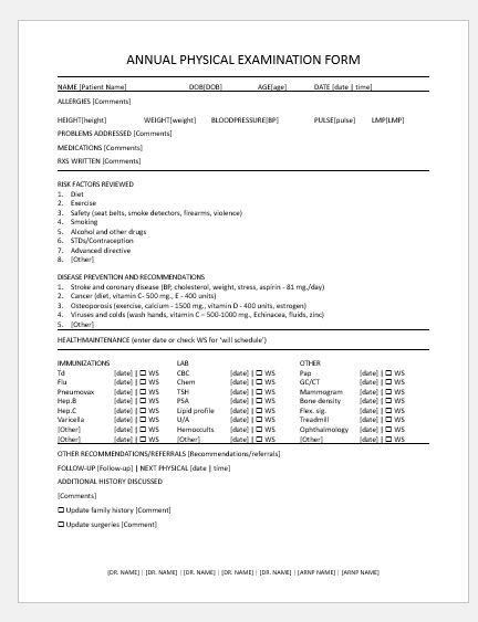 Annual physical examination form
