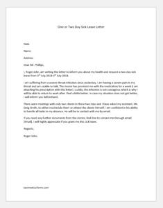 One or Two Day off Sick Leave Letter