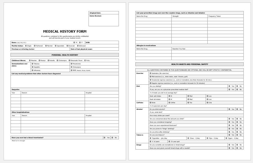 Patient medical history form template