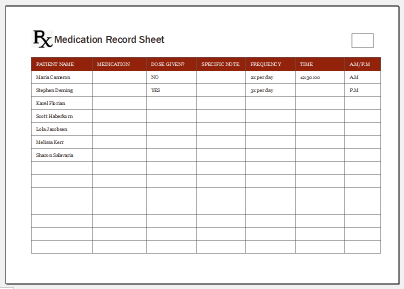 Medication Record Sheet Templates From Ms Excel Printable Medical Forms Letters Sheets