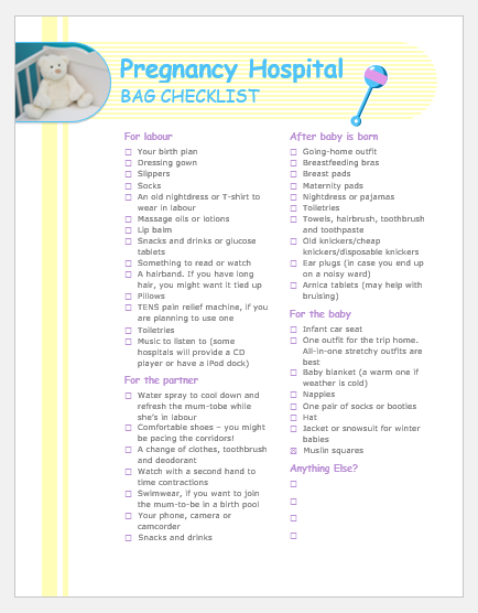 Pregnancy hospital bag list template