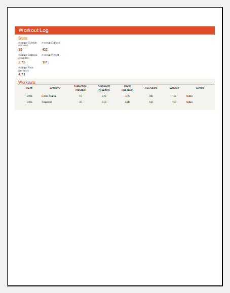 Workout log template