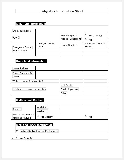 Babysitter Information Sheet