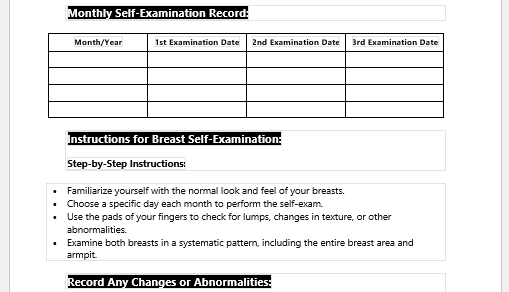 Breast Self-Examination Record Sheet