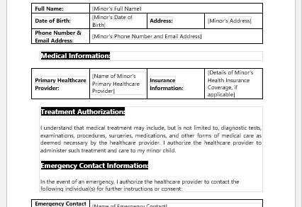 Consent of Treatment Form for Minor