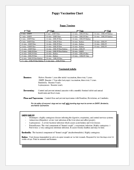 Dog Vaccination Chart Template for Word | Printable Medical ...