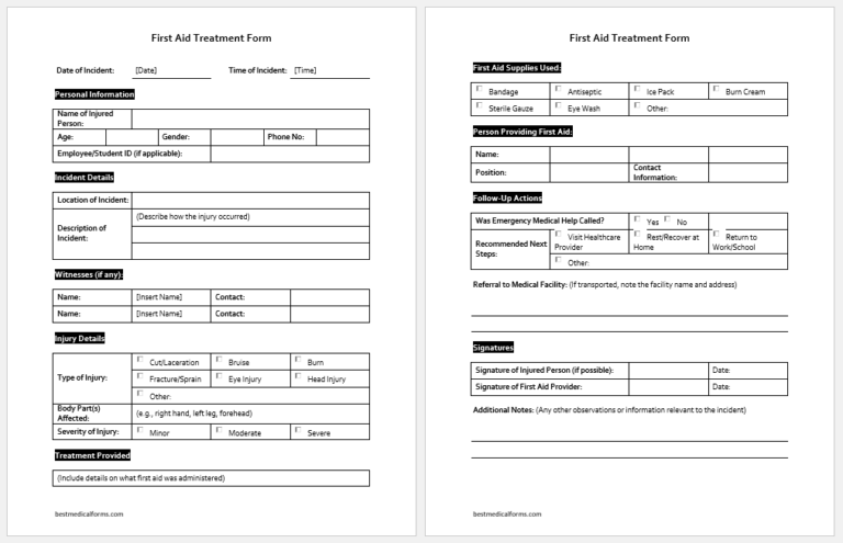 First Aid Treatment Form Template | Download MS Word Files