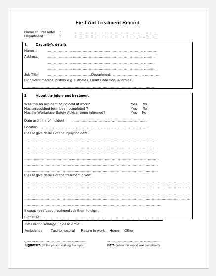 First aid treatment form