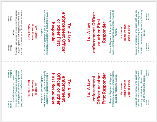 AUTISM WALLET CARD template