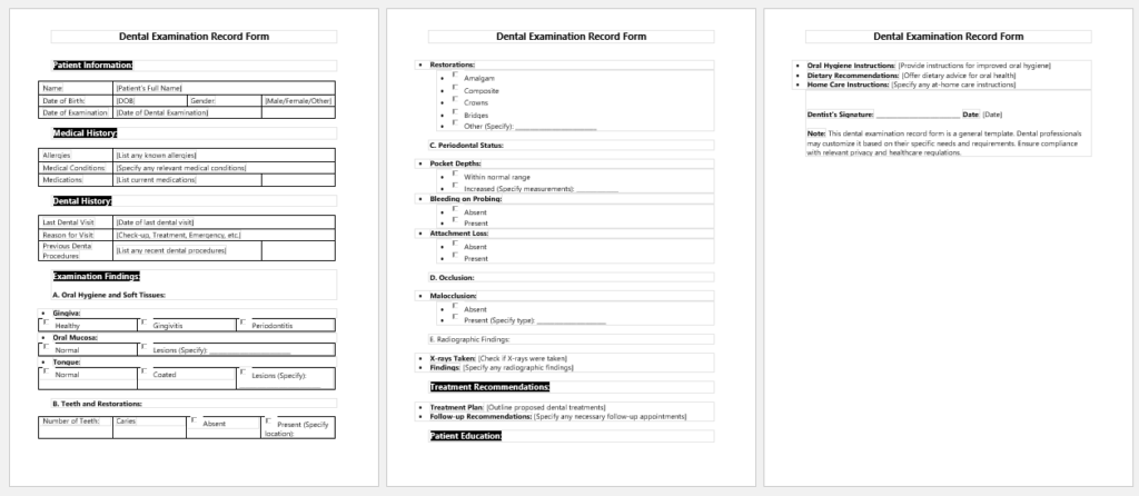 Dental Examination Record Form