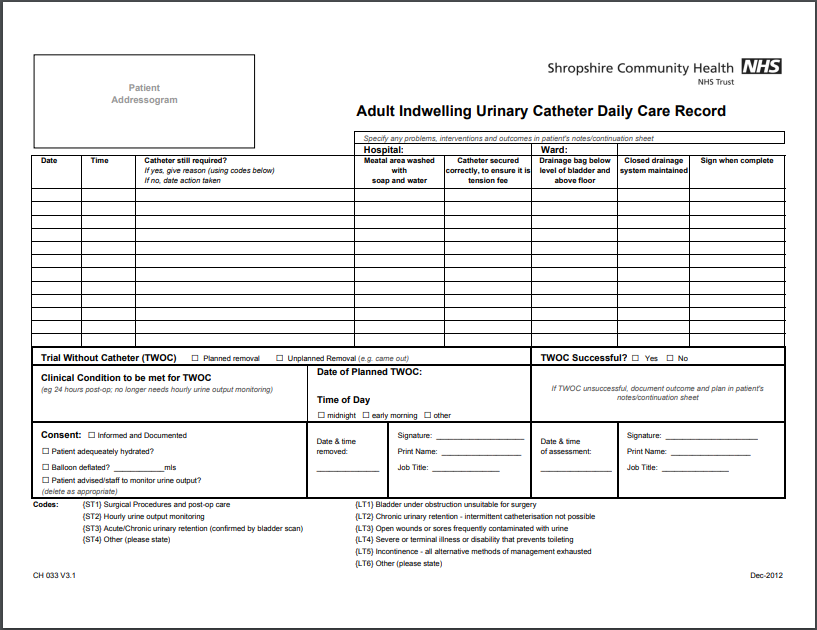 Printable Urine Output Chart