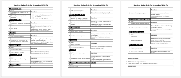 Hamilton Rating Scale for Depression Template for Word
