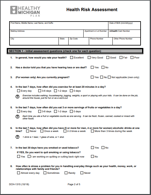 Health risk assessmet form