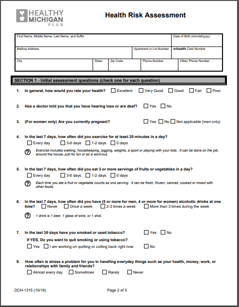 Health risk assessment form