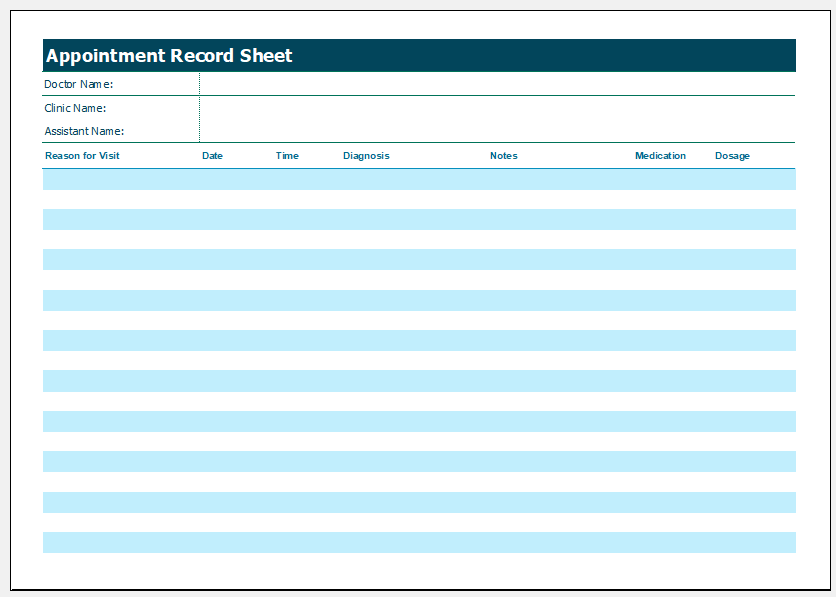 Medical Appointment Record Sheet MS Excel Printable Medical Forms 