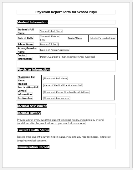 Physician Report Form for School Pupil