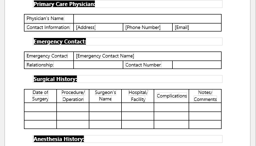 Surgical History Record Form