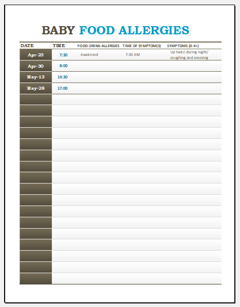 Baby food allergies log template