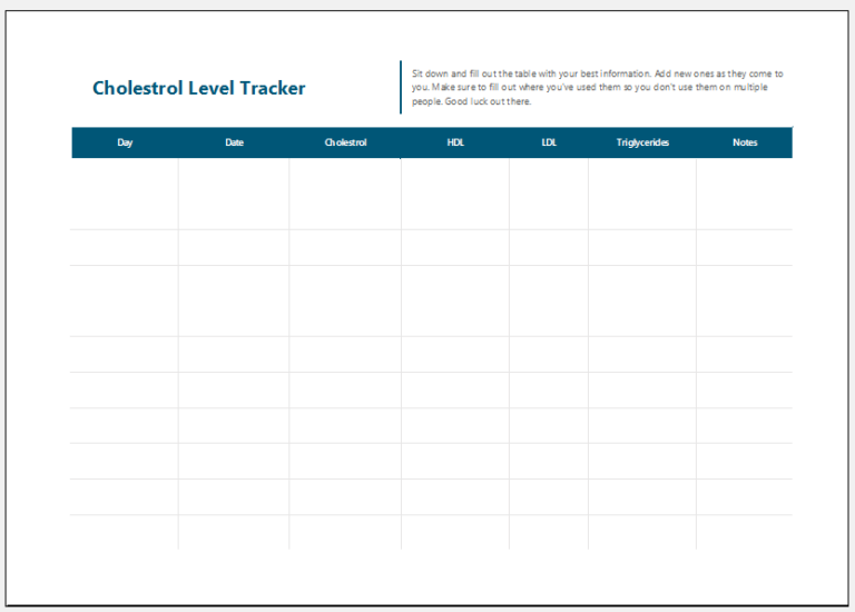 Cholesterol Level Tracker Templates for Excel | Download