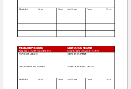Wallet size medication record card