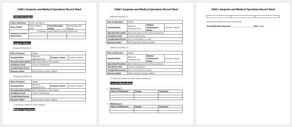 Child's Surgeries and Medical Operations Record Sheet