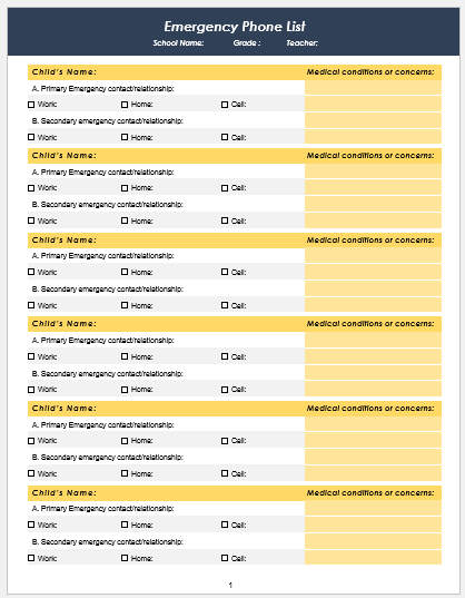 Class emergency phone list template