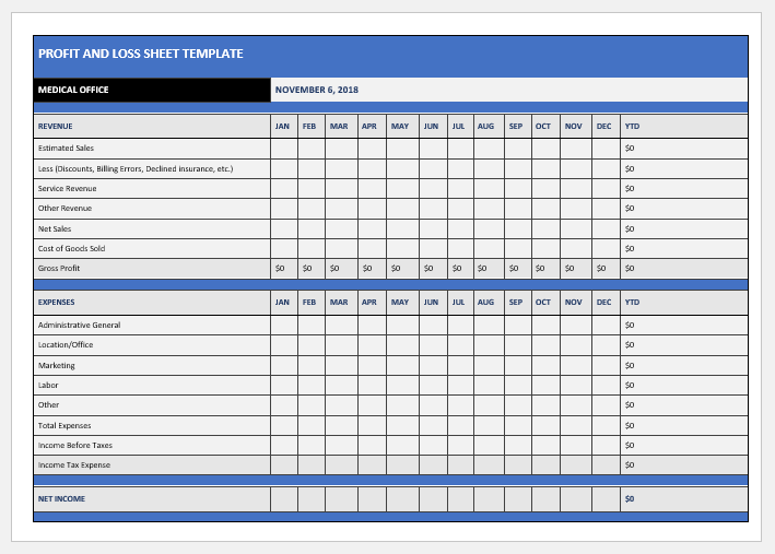 Healthcare profit and loss sheet template